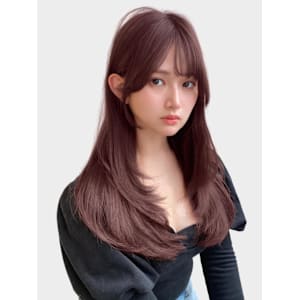 大人可愛い小顔ワンカール後れ毛ブリーチなしピンクボルドー