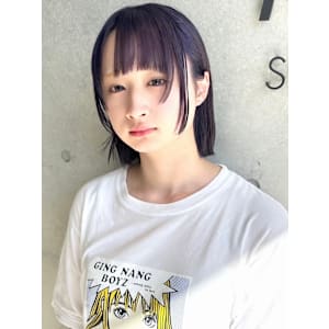 ラベンダー　顔周りレイヤーボブ　デザインカラー　姫カット