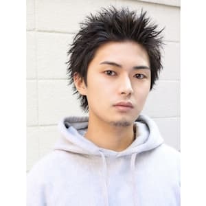 スパイキーショート アップバング 黒髪 ツーブロックなし