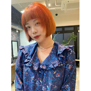 髪質改善カラー オレンジカラー ハイトーンボブ 前髪カット