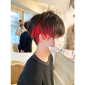 メンズインナーカラー赤レッド黒髪ショートレイヤー