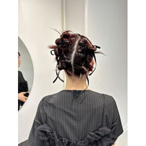 ボブヘアアレンジ/ツインシニヨンアレンジ/リボンアレンジ