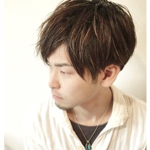 メンズ前下がりショートレイヤー×ハイライト