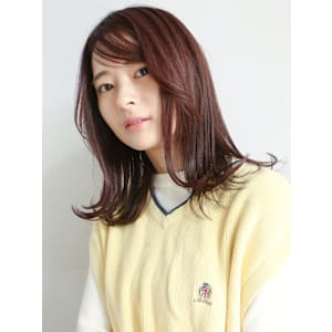 外ハネワンカール　前髪アレンジ　マロンベージュ　セミロング