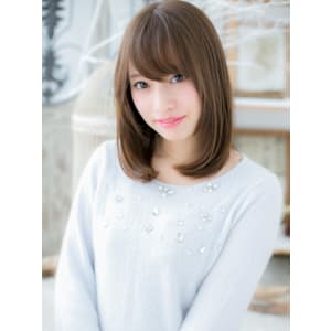 ココアベージュ斜めバング小顔ワンカールロブ　マロンベージュ