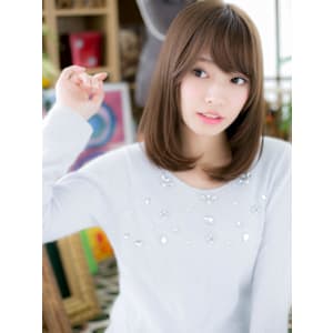 ココアベージュ斜めバング小顔ワンカールロブ　マロンベージュ