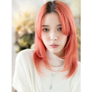 アプリコットオレンジ小顔姫カットレイヤーウルフ　韓国風巻き