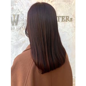 レッドオレンジ　ピンクカラー　艶感　セミロング　ワンカール