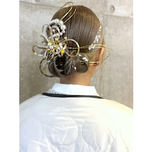 成人式ヘアセット　編み込みシニヨン　水引アレンジ　和装ヘア