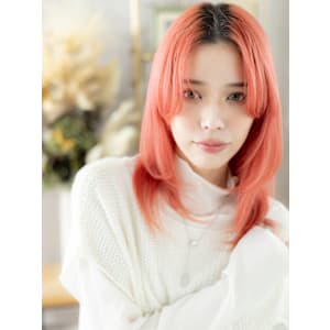 アプリコットオレンジ小顔姫カットレイヤーウルフチェリーレッド