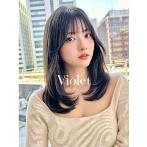 ミディアムレイヤーカットグレージュぱっつん前髪