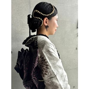 成人式ヘアセット　パール　リボン　タイトアレンジ　着物ヘア
