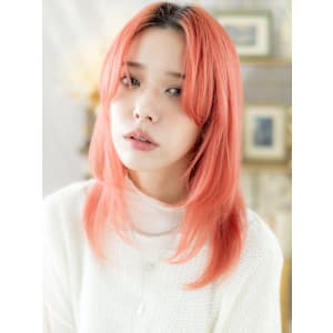 アプリコットオレンジ小顔姫カットレイヤーウルフ　韓国風巻き