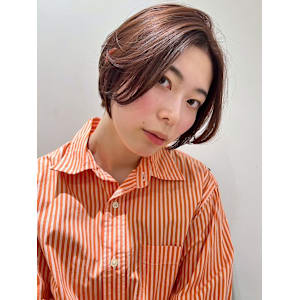 マッシュショート　フェイスレイヤー　前髪なし　マロンベージュ