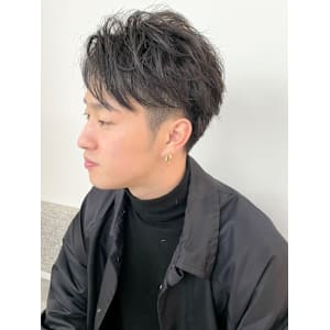 ハーフアップバング 毛流れパーマ 刈り上げショート