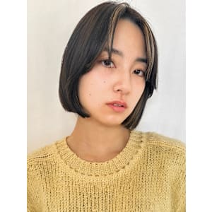 カーテンバング/艶髪ボブ/ハイライト/センターパート 