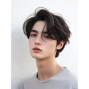 毛流れセンターパート無造作パーマツーブロック刈り上げ