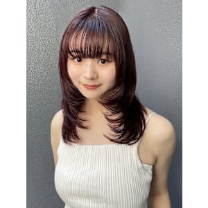 顔周りレイヤー/レッド/赤/暖色/小顔/前髪/ワンカール