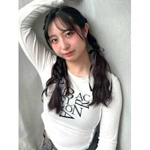 三つ編み ツイン リボン ウェーブヘア パーティー お呼ばれ