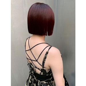 チェリーブラウン 切りっぱなしボブ ブリーチなしダブルカラー