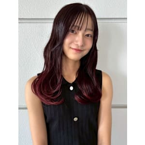 グラデーション 裾カラー レッドカラー セミロング ウェーブ