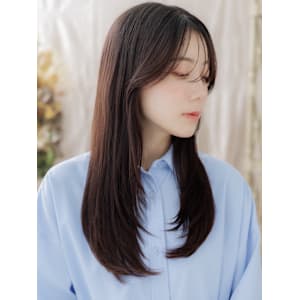 顔回りレイヤーカット小顔ストレートロング　ココアブラウン