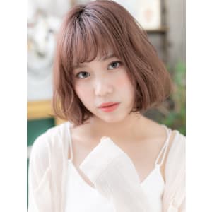 大人かわいいAラインくすみピンク小顔ロブ　ココアブラウン