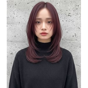 小顔暗めボルドー色艶ミディアム顔周り人気レイヤーカット韓国風 - hairs BERRY 大橋店【ヘアーズ　ベリー　オオハシテン】掲載中