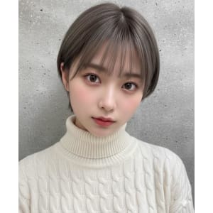 小顔韓国風透明感ショートボブ暗髪グレージュ/似合わせカット