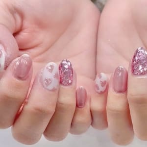 さくらんぼ＆BIGリボン♥ピンク ハート ネイルチップ ホロ
