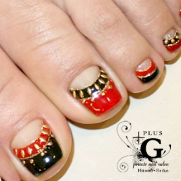 ブラック&レッドのダブルフレンチネイル