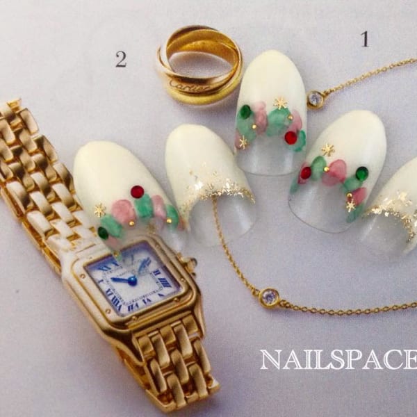 クリスマスリース/冬ネイル/フレンチ/たらしこみ/6980