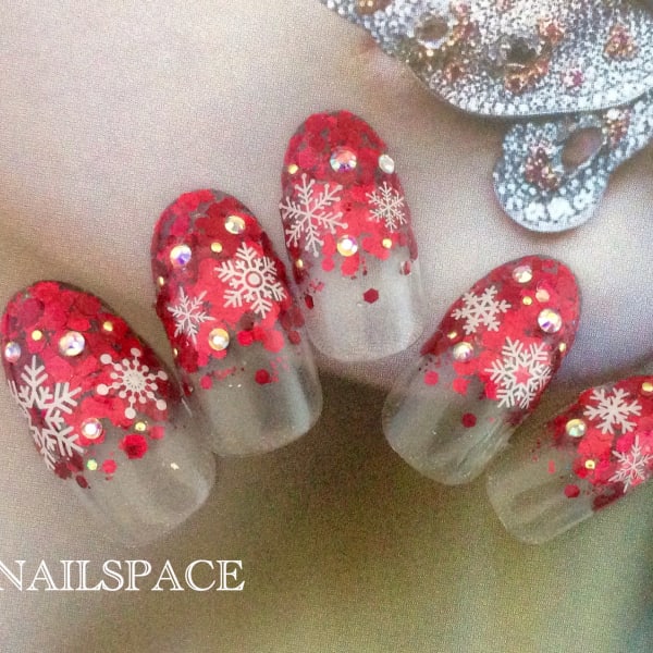赤ホログラデ&雪結晶/1月の新デザイン/冬ネイル/