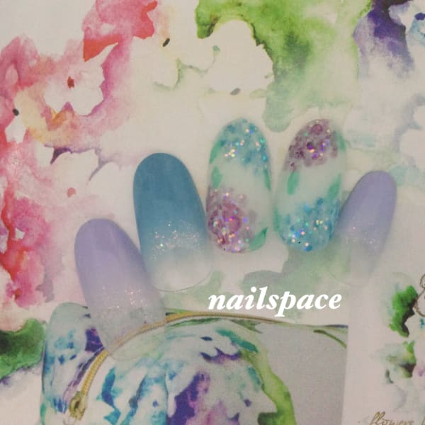 あじさいネイル/紫陽花/手がき/ホログラム