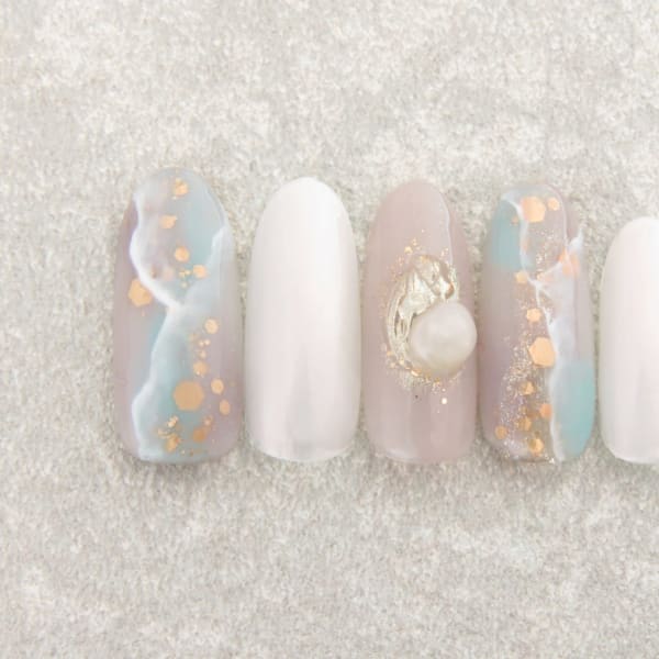 天然石ネイル/ミラーネイル/パールネイル/水色ネイル
