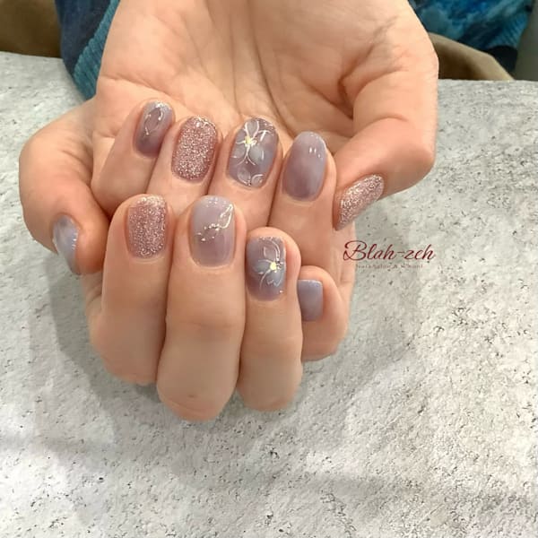 春色パープルフラワーネイル|Blah-zeh 錦糸町店