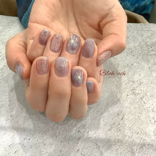 春色パープルフラワーネイル|Blah-zeh 錦糸町店