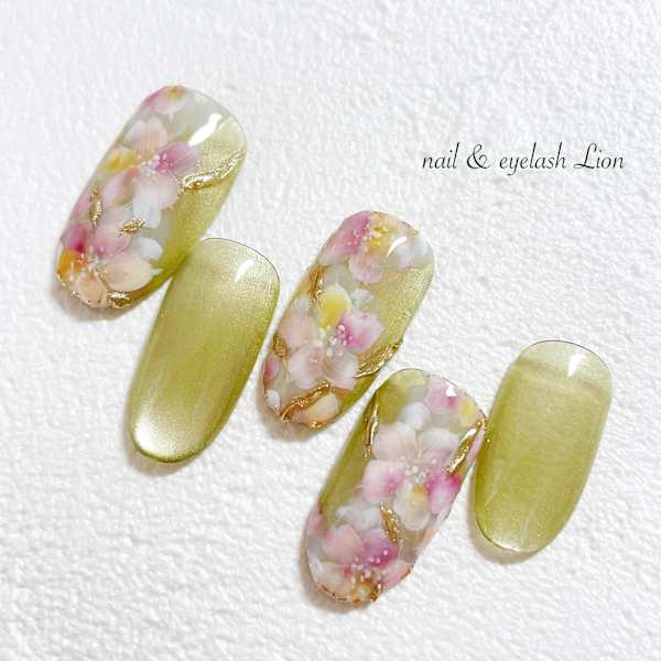 グリーンマグネットベース桜ネイル |nail ＆ eyelash Lion 池袋