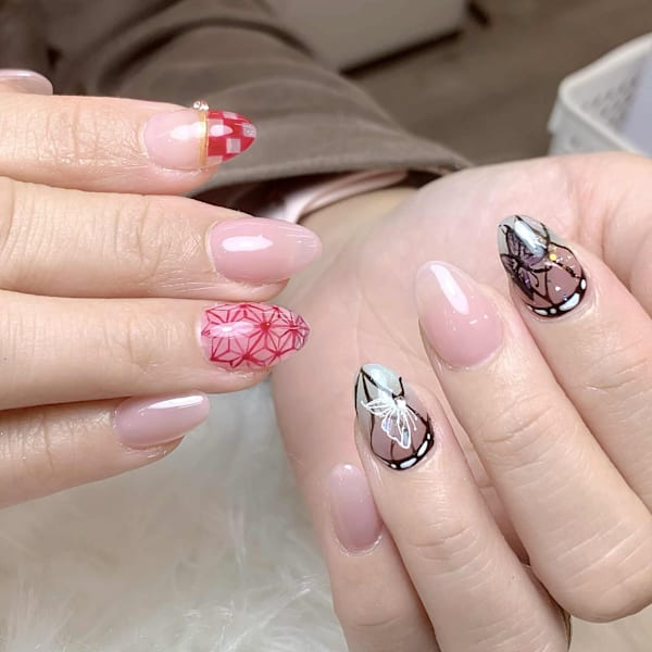 禰豆子の着物モチーフで個性が光るアートネイル