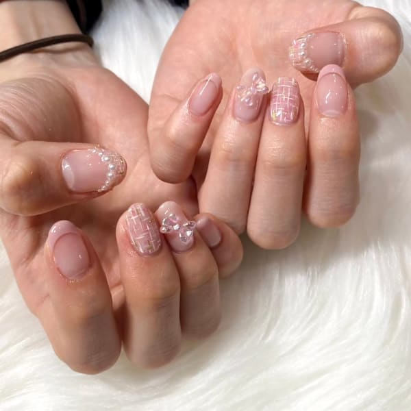 ピンクチェックオフィスネイル|ネイルサロン Zina nail 大阪茨木【パラジェル/フィルイン導入】