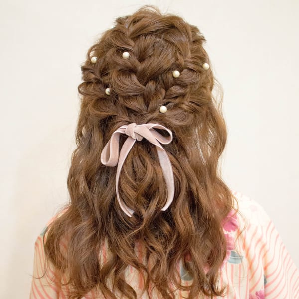 卒業式袴♪パール＆リボンでガーリー編み込みハーフ♪