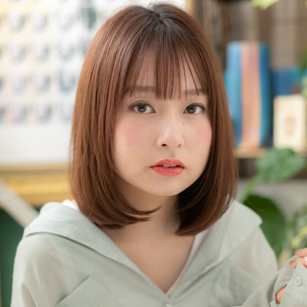 シースルーバングxココアブラウン小顔ロブ ピンクブラウン