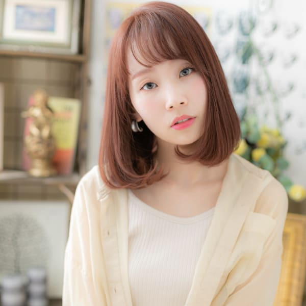 シースルーバング小顔前下がりピンクブラウン フェザーバング