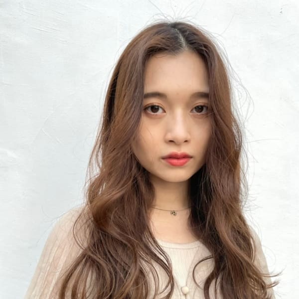 マロンベージュ/極細ハイライトカラー/かきあげバング[渋谷]