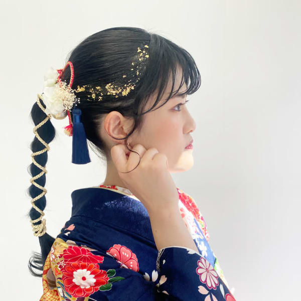 着物アレンジヘア 組紐、紐アレンジ ポニーテール 三宮