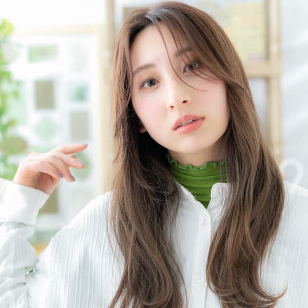 かきあげ前髪大人かわいい小顔ウェーブ巻き カーキベージュ