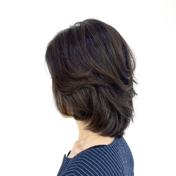 前上がり/レイヤーカット/ミディアム/白髪染め/黒髪/50代