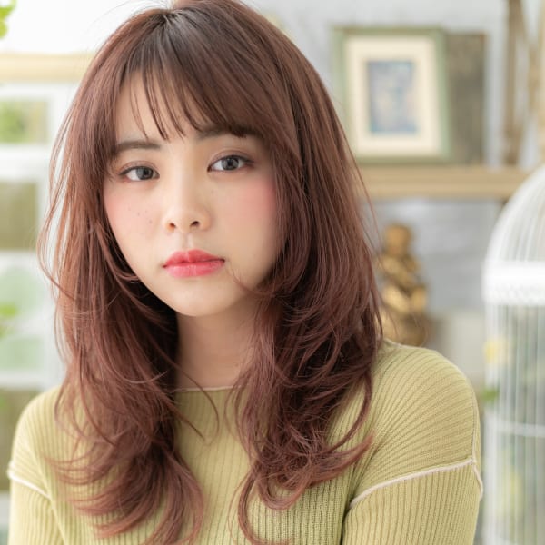 ミルクティーピンク外国人風ウルフレイヤー ロングレイヤー