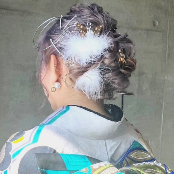 成人式ヘアセット 編み込み ハイトーン 水引