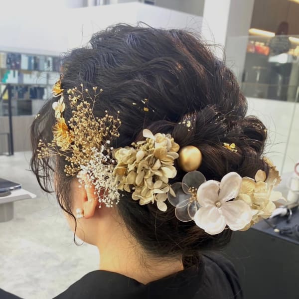 成人式ヘアセット 編み込み 金箔×カチューシャ